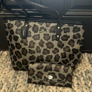Coach Leopard Print Tote and Wallet Set - Black and Brown